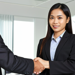 ** A confident Malaysian lawyer in a modern office setting, shaking hands with a hiring manager. Focus on the lawyer's assured expression and professional attire. The background includes subtle visual cues suggesting road law cases (e.g., a file folder labeled "Road Accident Claims").

**