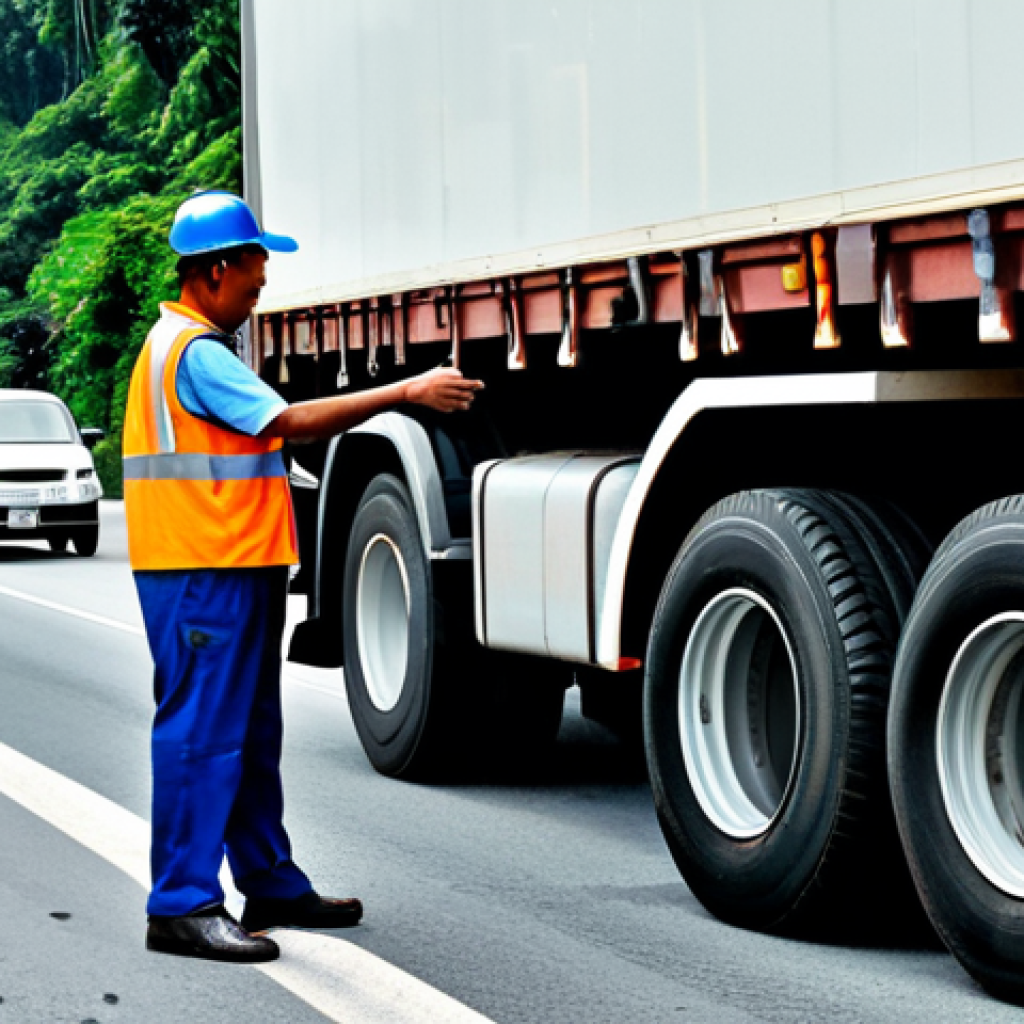 **

"A Malaysian lorry driver, fully clothed in appropriate work attire, checking the tires of his lorry before a long journey. Background shows a busy highway near Kuala Lumpur.  Safe for work, professional, perfect anatomy, correct proportions, well-formed hands, proper finger count, natural body proportions. Appropriate content, modest, family-friendly."

**
