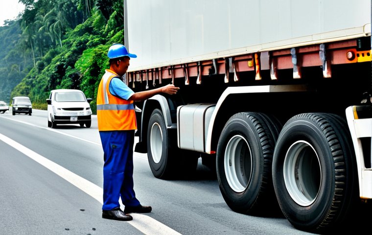 **

"A Malaysian lorry driver, fully clothed in appropriate work attire, checking the tires of his lorry before a long journey. Background shows a busy highway near Kuala Lumpur.  Safe for work, professional, perfect anatomy, correct proportions, well-formed hands, proper finger count, natural body proportions. Appropriate content, modest, family-friendly."

**