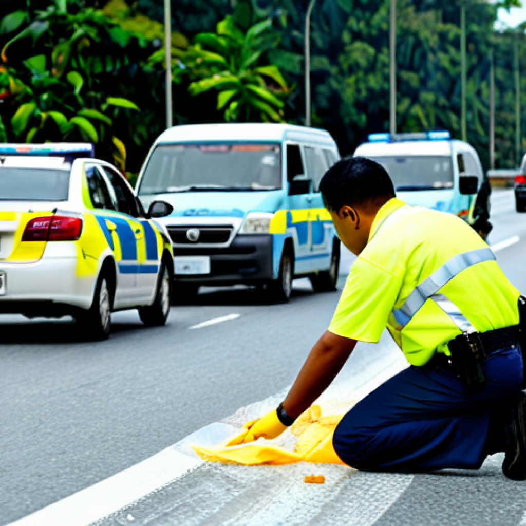 Accident Investigation Scene**

"A Malaysian police officer in uniform, examining a car accident scene on a busy highway near Kuala Lumpur. The scene includes cones, caution tape, and a forensics team collecting evidence. The weather is slightly overcast. Focus on the details of the investigative process, with clear visibility. safe for work, appropriate content, fully clothed, professional, modest, family-friendly, perfect anatomy, correct proportions, natural pose, well-formed hands, proper finger count, natural body proportions, professional photography, high quality"

**