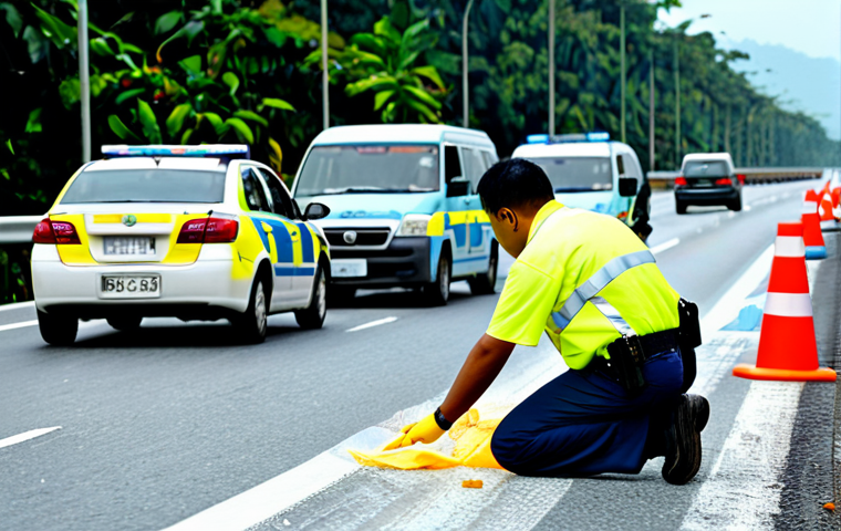 Accident Investigation Scene**

"A Malaysian police officer in uniform, examining a car accident scene on a busy highway near Kuala Lumpur. The scene includes cones, caution tape, and a forensics team collecting evidence. The weather is slightly overcast. Focus on the details of the investigative process, with clear visibility. safe for work, appropriate content, fully clothed, professional, modest, family-friendly, perfect anatomy, correct proportions, natural pose, well-formed hands, proper finger count, natural body proportions, professional photography, high quality"

**