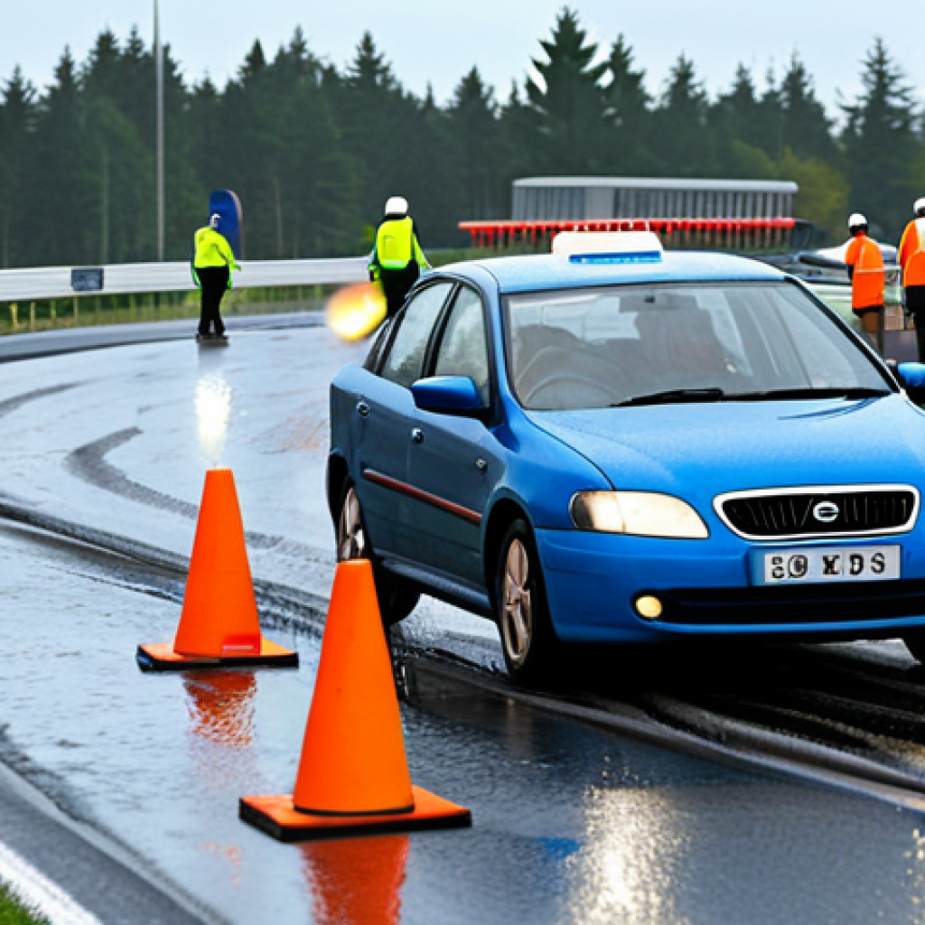 **

"A practical road safety course simulation, showing a driver in a car skillfully avoiding an obstacle on a wet track. The scene emphasizes controlled braking and steering techniques. Background includes cones and safety personnel in high-visibility vests. Appropriate attire, safe for work, perfect anatomy, natural proportions, professional training environment, family-friendly, fully clothed, modest."

**