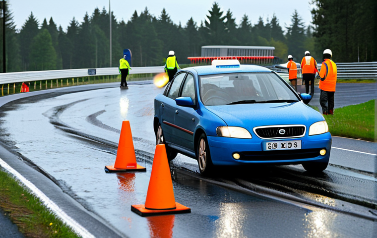 **

"A practical road safety course simulation, showing a driver in a car skillfully avoiding an obstacle on a wet track. The scene emphasizes controlled braking and steering techniques. Background includes cones and safety personnel in high-visibility vests. Appropriate attire, safe for work, perfect anatomy, natural proportions, professional training environment, family-friendly, fully clothed, modest."

**