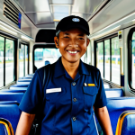 **

A professional bus driver, fully clothed in a modest uniform, smiling warmly at passengers boarding a public bus in Kuala Lumpur, Malaysia. The bus interior is clean and well-lit. Safe for work, appropriate content, family-friendly, perfect anatomy, natural proportions, professional photography, high quality.

**
