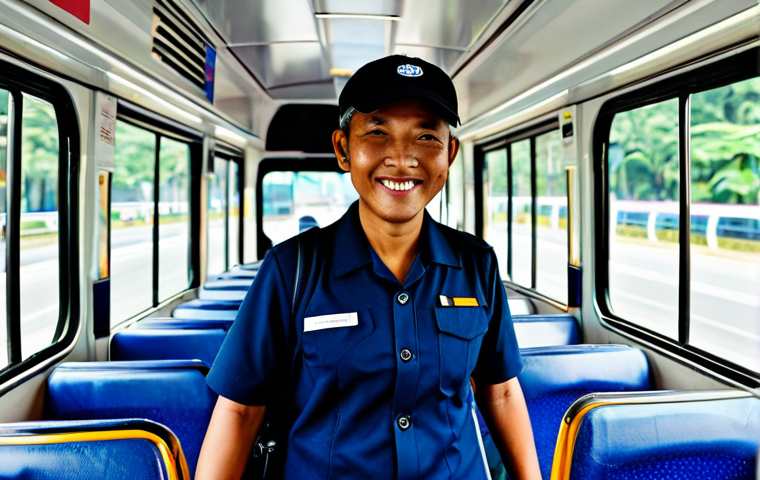 **

A professional bus driver, fully clothed in a modest uniform, smiling warmly at passengers boarding a public bus in Kuala Lumpur, Malaysia. The bus interior is clean and well-lit. Safe for work, appropriate content, family-friendly, perfect anatomy, natural proportions, professional photography, high quality.

**