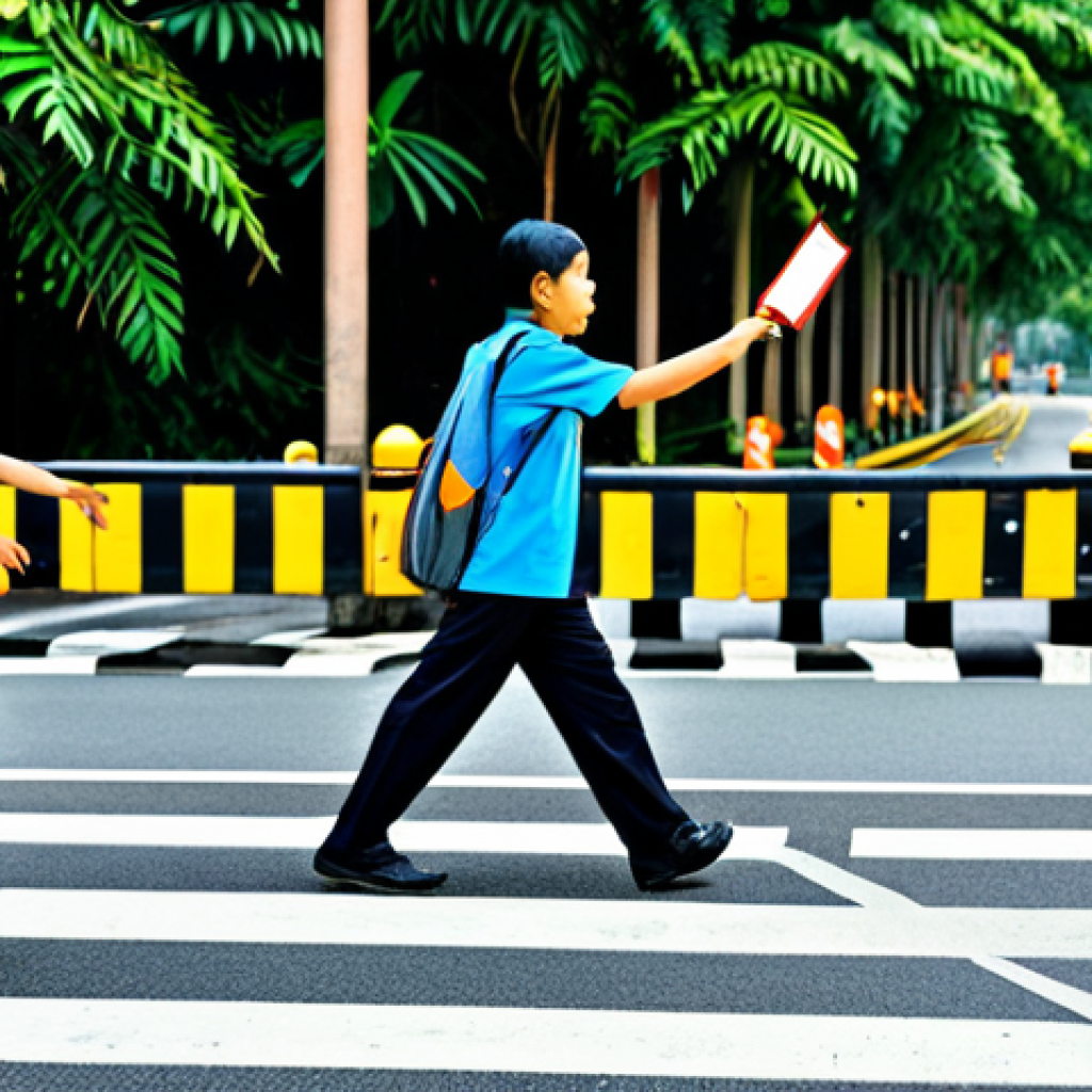 **

"A school scene in Malaysia, depicting a road safety education program for primary school children. Kids are learning about pedestrian safety near a 'lintasan zebra' (zebra crossing). A teacher is demonstrating safe crossing techniques. The image should be bright and colorful, showcasing a family-friendly learning environment, appropriate content, fully clothed students and teacher, professional, safe for work, perfect anatomy, and natural proportions."

**