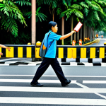 **

"A school scene in Malaysia, depicting a road safety education program for primary school children. Kids are learning about pedestrian safety near a 'lintasan zebra' (zebra crossing). A teacher is demonstrating safe crossing techniques. The image should be bright and colorful, showcasing a family-friendly learning environment, appropriate content, fully clothed students and teacher, professional, safe for work, perfect anatomy, and natural proportions."

**