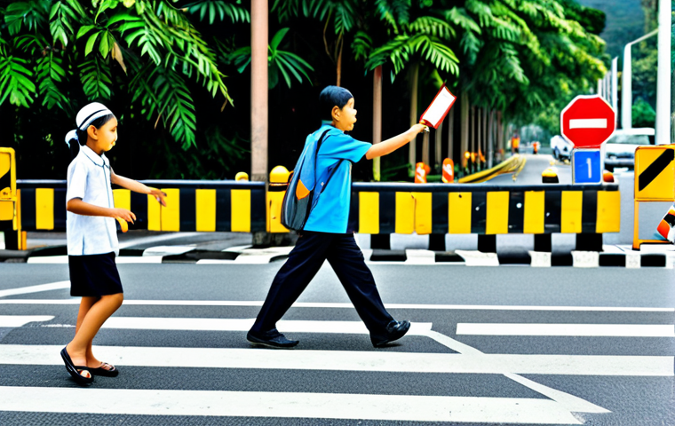 **

"A school scene in Malaysia, depicting a road safety education program for primary school children. Kids are learning about pedestrian safety near a 'lintasan zebra' (zebra crossing). A teacher is demonstrating safe crossing techniques. The image should be bright and colorful, showcasing a family-friendly learning environment, appropriate content, fully clothed students and teacher, professional, safe for work, perfect anatomy, and natural proportions."

**